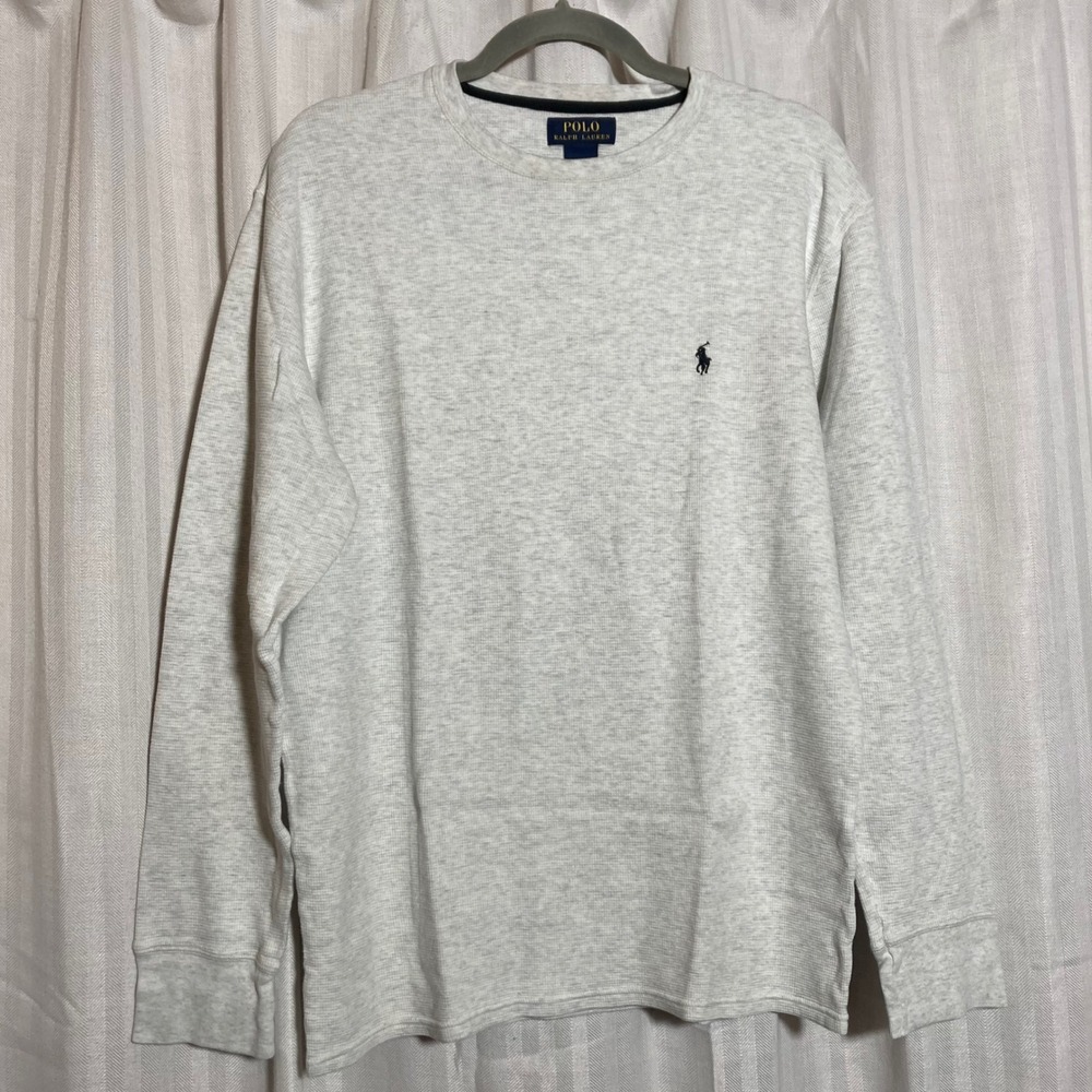 Polo Ralph Lauren Men Large Grey Waffle Knit Thermal Long Sleeve Shirt Pony Logo